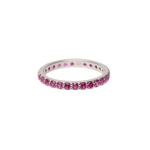 Ring, cubic zirconia and rhodium-plated sterling silver, pink, 3mm wide eternity band, size 7. Sold individually.