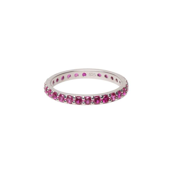 Ring, cubic zirconia and rhodium-plated sterling silver, pink, 3mm wide eternity band, size 7. Sold individually. image number 0