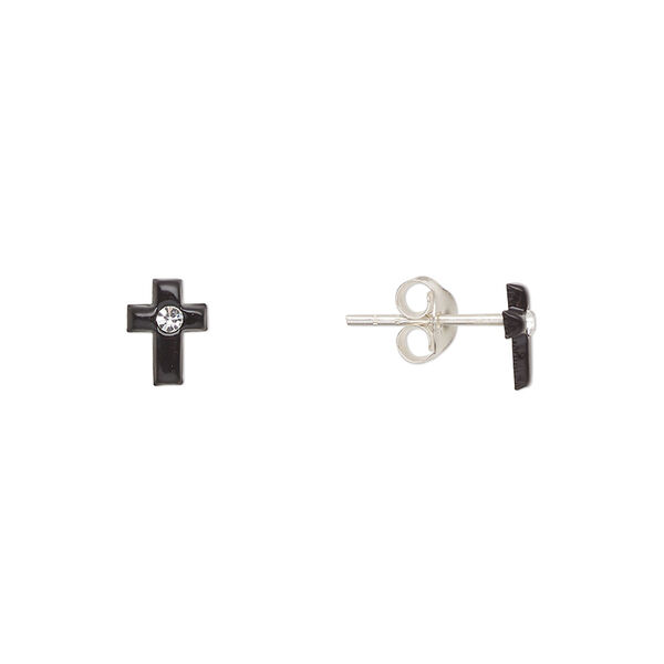 Earstud, Create Compliments®, sterling silver and crystal, black and clear, 7x5mm cross. Sold per pair. image number 0
