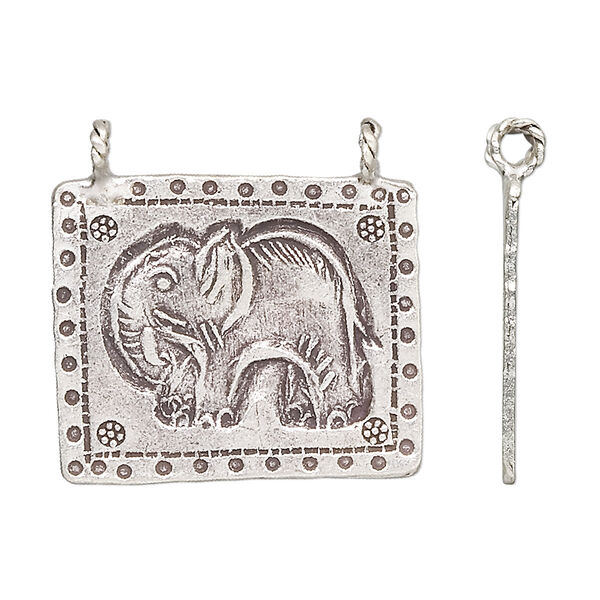 Drop, Hill Tribes, antiqued sterling silver, 26x22mm-30x26mm single-sided rectangle with elephant design and 2 loops. Sold individually. image number 0