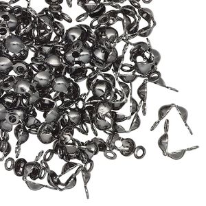 Bead tip, gunmetal-finished brass, 8x4mm bottom clamp-on with open loop. Sold per pkg of 100.
