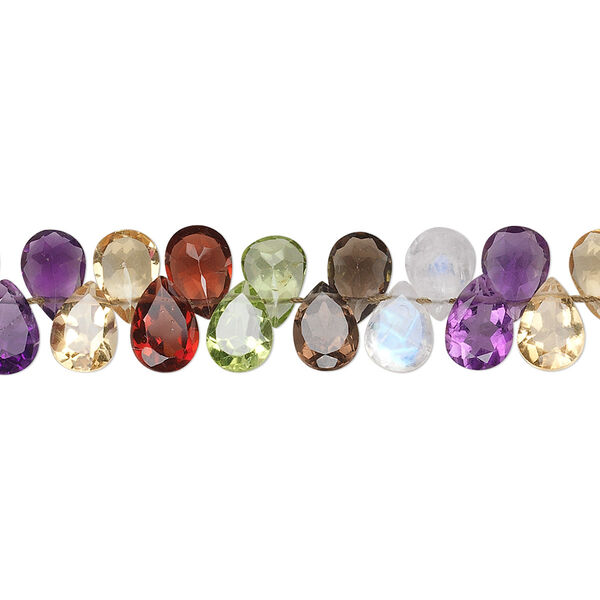 Bead, multi-gemstone (natural / heated / irradiated), 7x5mm hand-cut top-drilled faceted flat teardrop, B grade. Sold per 8-inch strand, approximately 70 beads. image number 0