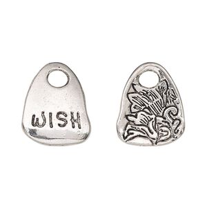 Drop, antique silver-finished "pewter" (zinc-based alloy), 18x15mm two-sided flat freeform with "WISH" and flower design. Sold per pkg of 2.