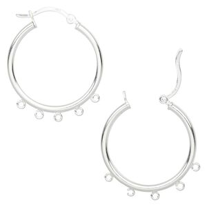 Earring hoop 1pkg2 sterling silver, 27mm round / latch-back / 5 open loop, 1 pair