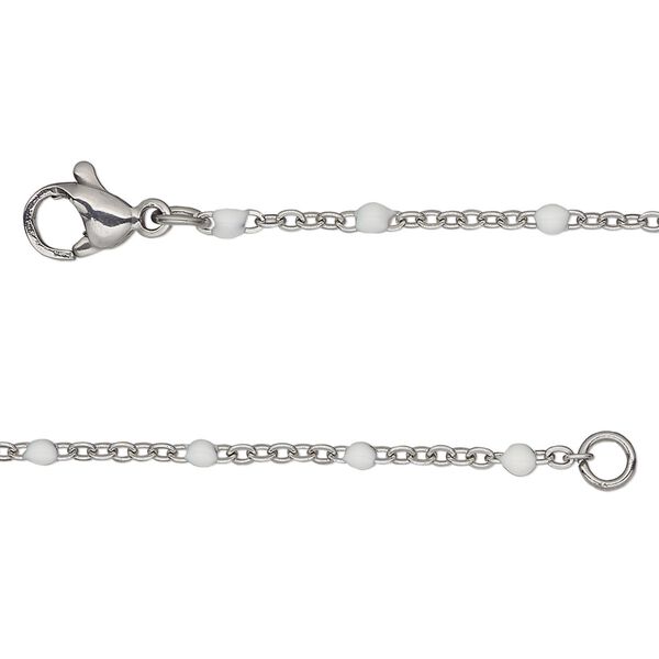 Chain, stainless steel and enamel, white, 1.7mm flat cable with 2mm ball, 20 inches with lobster claw clasp. Sold individually. image number 0