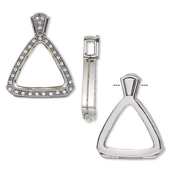 Pendant, Almost Instant Jewelry®, antique silver-plated brass / crystal / rubber, crystal clear, 37.5x30mm single-sided hinged triangle with 23mm triangle setting. Sold individually. image number 0