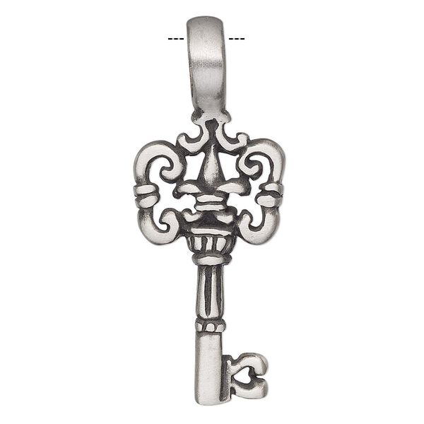 Pendant, Powerful Pewter Pendants, antiqued pewter (tin-based alloy), 44x17mm single-sided key with 6mm hole. Sold individually. image number 0
