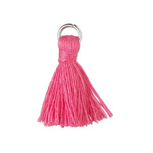 Tassel, cotton and imitation rhodium-finished steel, fuchsia, 20-24mm mini tassel with 6mm open jump ring. Sold per pkg of 6.