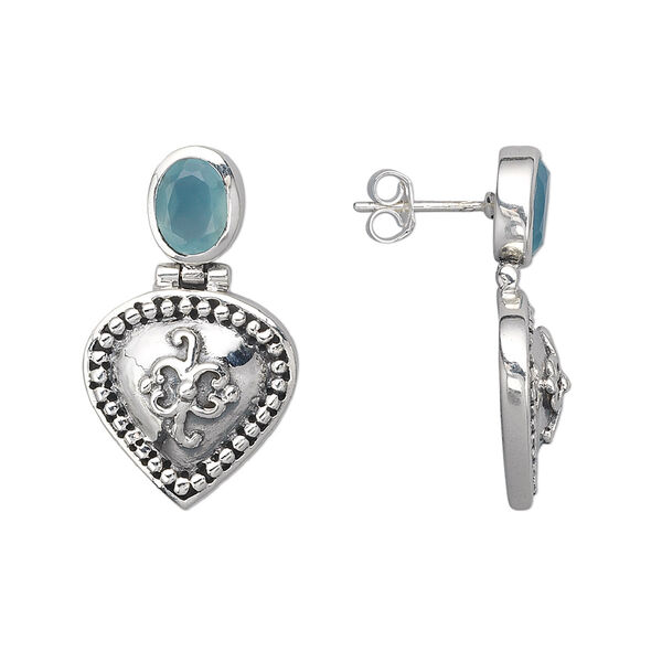 Earring, sterling silver and chalcedony (natural), 8x6mm faceted oval, 30x17mm. Sold per pair. image number 0
