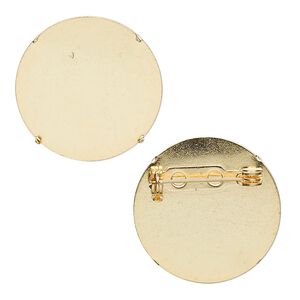 Pin back, gold-plated steel, 26mm 4-prong round flat pad. Sold per pkg of 10.
