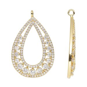 Focal, cubic zirconia and gold-finished brass, clear, 31x21.5mm single-sided open teardrop. Sold individually.