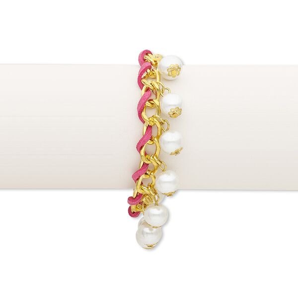 Bracelet, faux suede / glass pearl / gold-finished steel, pink and white, 9mm wide with 10mm round, 6-1/2 inches with toggle clasp. Sold individually. image number 0