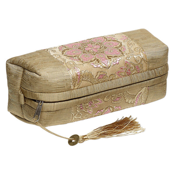 Pouch, polyester / nylon / brass-finished "pewter" (zinc-based alloy), khaki / tan / multicolored, 7 x 3 x 3-inch rectangle with flower design / coin replica / tassel, zipper closure. Sold individually. image number 0