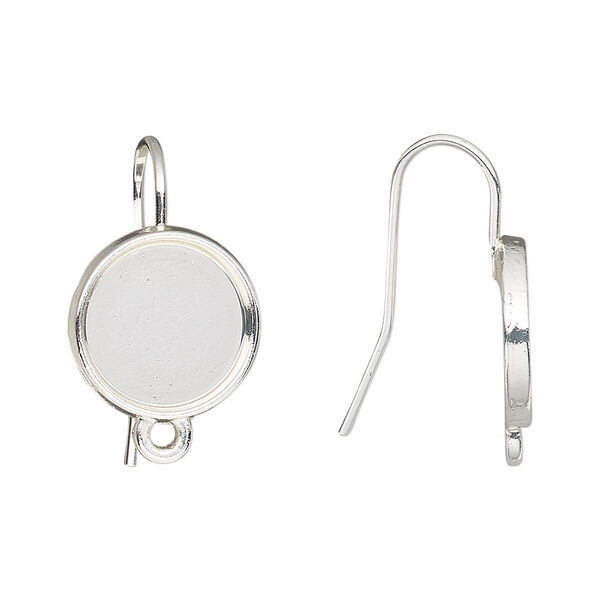 Ear wire, silver-finished brass, 21mm fishhook with 12mm round glue-in setting and closed loop, 18 gauge. Sold per pkg of 5 pairs. image number 0