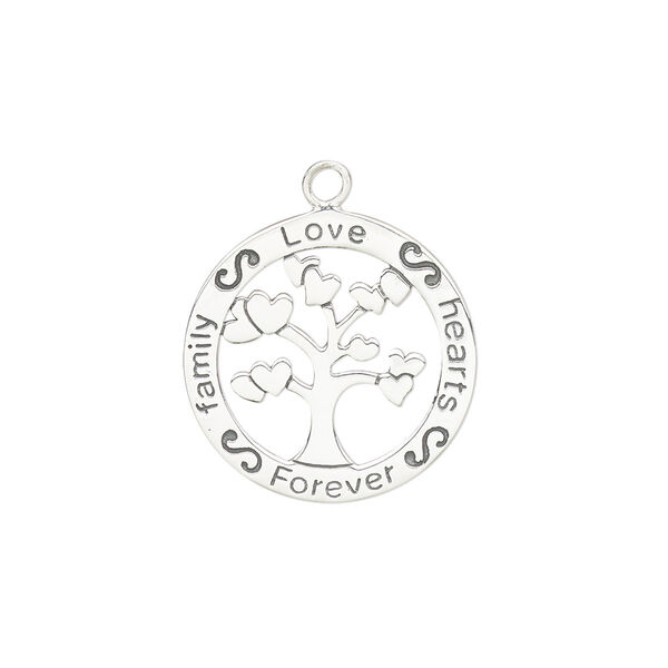 Charm, sterling silver, 19mm single-sided open round with "Love, hearts, family, Forever" and heart tree design. Sold individually. image number 0