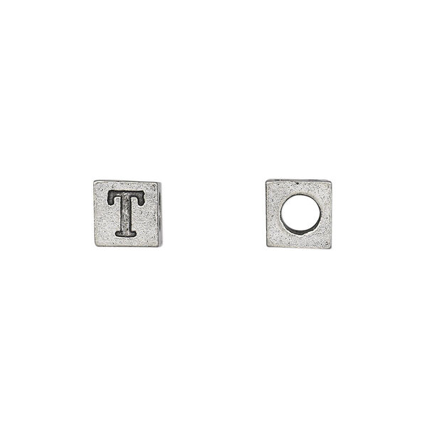Bead, antiqued pewter (tin-based alloy), 7mm cube with Greek letter, TAU. Sold per pkg of 4. image number 0