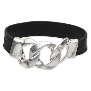Bracelet, leather (dyed) and antique silver-plated "pewter" (zinc-based alloy), black, 13mm wide, 7 inches with 25mm twist-style clasp. Sold individually.