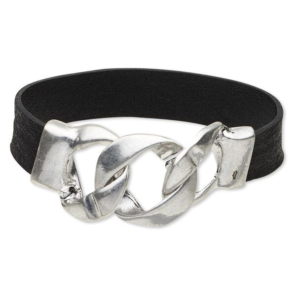 Bracelet, leather (dyed) and antique silver-plated "pewter" (zinc-based alloy), black, 13mm wide, 7 inches with 25mm twist-style clasp. Sold individually. image number 0