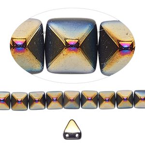 Spacer, Preciosa, Czech pressed glass, opaque black magenta gold, 6x6x7mm 2-strand pyramid, fits up to 3mm bead. Sold per 8-inch strand, approximately 30 spacers.
