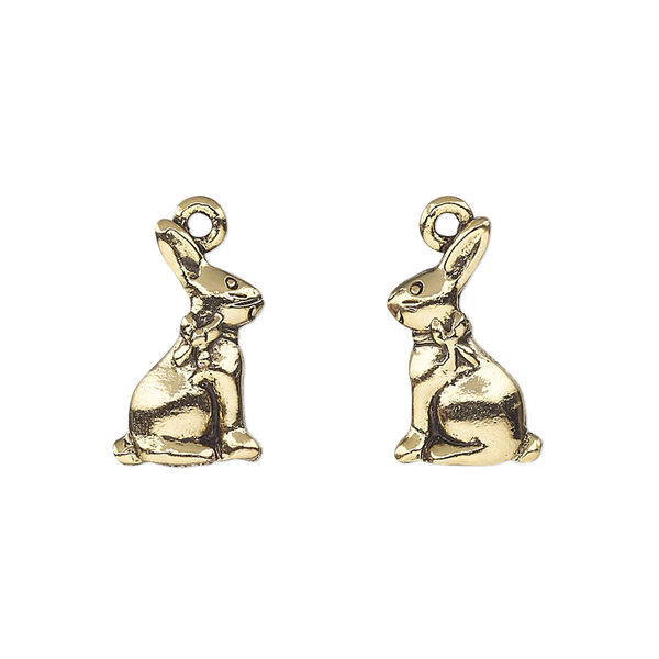 Charm, pewter (tin-based alloy), pkg/1, antique gold plate, 16.5x10mm 2-sided bunny. image number 0