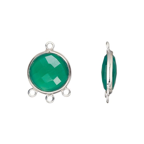 Drop, sterling silver and green onyx (dyed), 14mm hand-cut double-sided faceted puffed flat round with 3 closed loops, Mohs hardness 6-1/2 to 7. Sold individually. image number 0