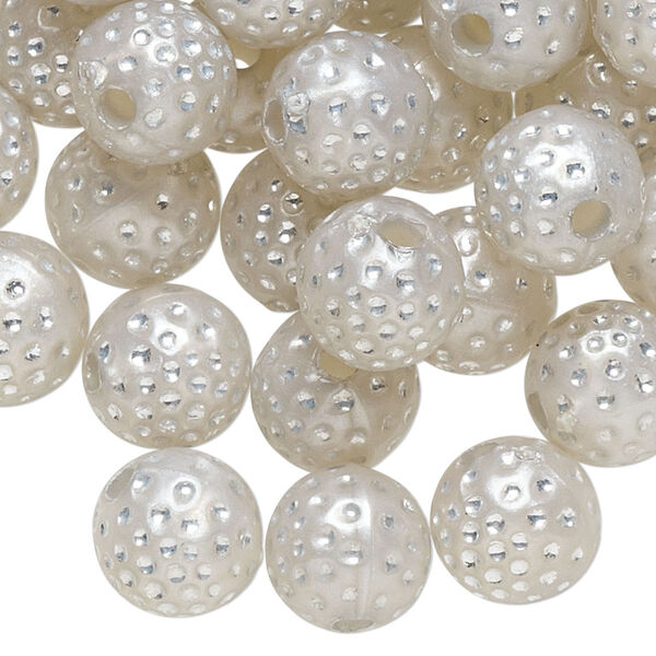 Bead, acrylic, silver, 10mm round with dots. Sold per pkg of 100. image number 0