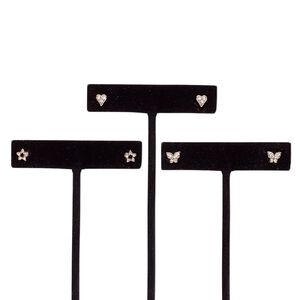 Earring, glass rhinestone / stainless steel / rose gold-finished steel / "pewter" (zinc-based alloy), clear, 6x6mm heart / 6x6mm star / 7x6mm butterfly with post. Sold per pkg of 3 pairs.