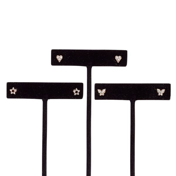 Earring, glass rhinestone / stainless steel / rose gold-finished steel / "pewter" (zinc-based alloy), clear, 6x6mm heart / 6x6mm star / 7x6mm butterfly with post. Sold per pkg of 3 pairs. image number 0