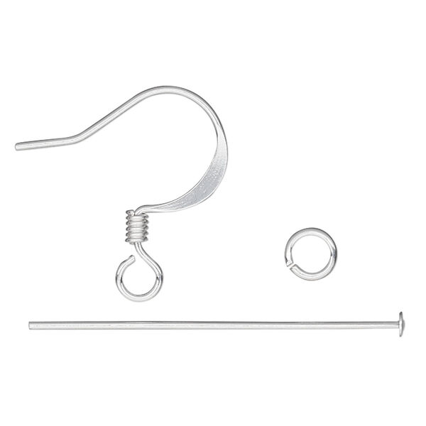 Earring finding assortment 1pkg60 silver-plated, 16mm fishhook ear wire / 1.125 inch head pin / 4mm jump ring, 22 gauge brass image number 1