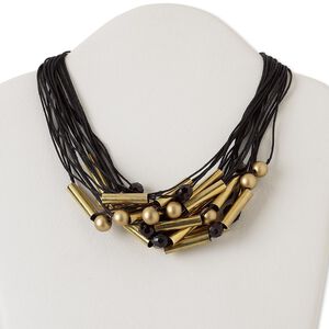 Necklace, multi-strand, antiqued gold-finished steel and copper / acrylic / waxed cotton cord, gold and black, tube and faceted round, 18 inches with toggle clasp. Sold individually.