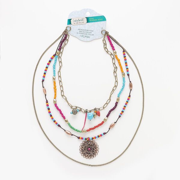 Necklace component, 4-strand, acrylic / waxed cotton cord / glass / antiqued brass-coated plastic / antiqued brass-finished steel, multicolored, 17 inches. Sold individually. image number 0
