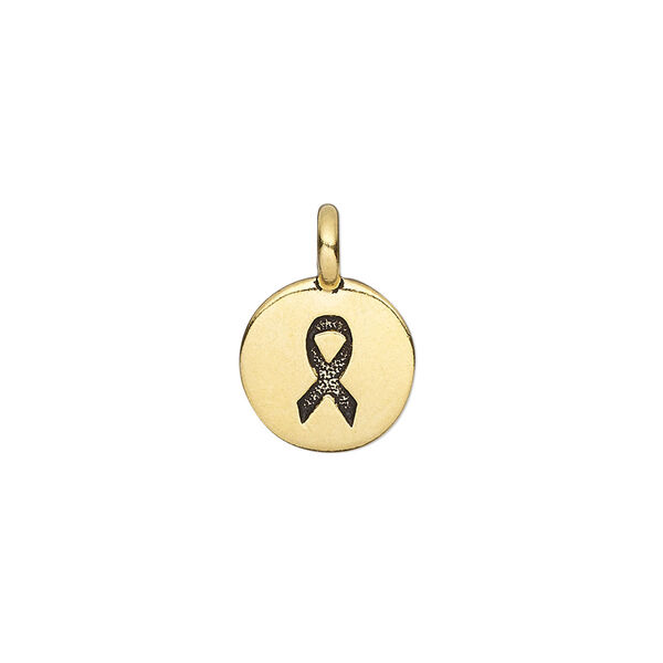 Drop, TierraCast®, antique gold-plated pewter (tin-based alloy), 12mm single-sided flat round with textured ribbon. Sold per pkg of 2. image number 0