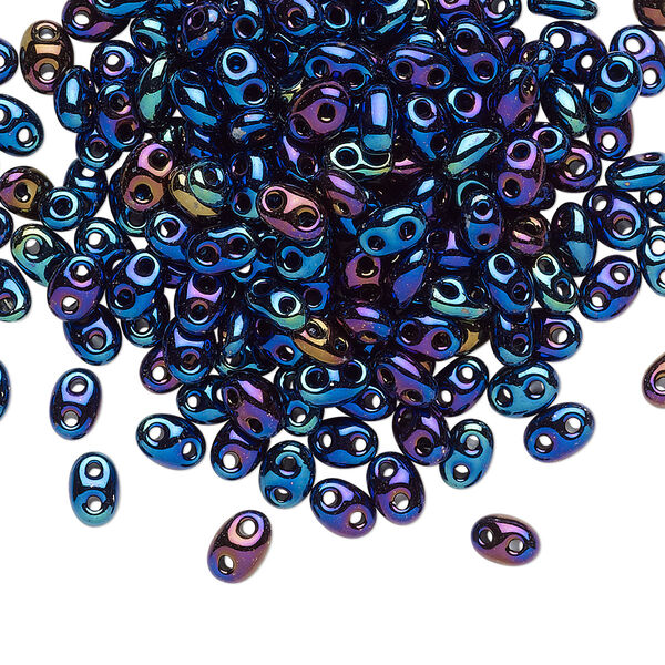 Seed bead, Preciosa Twin™ Czech glass, pkg/10g, 5x2.5mm oval, opaque blue iris black, (59135). image number 0