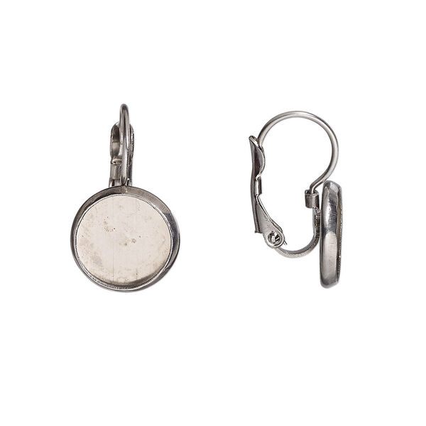 Ear wire, Almost Instant Jewelry®, glue-in, stainless steel, 20.5mm leverback with 12mm round, 10mm round setting. Sold per pkg of 2 pairs. image number 0