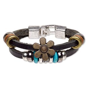 Bracelet, 2-strand, leather / wood (dyed) / glass rhinestone / antique rhodium-coated plastic / antique rhodium-plated "pewter" (zinc-based alloy), multicolored, 25mm wide, 6 inches with hook-and-eye clasp. Sold individually.