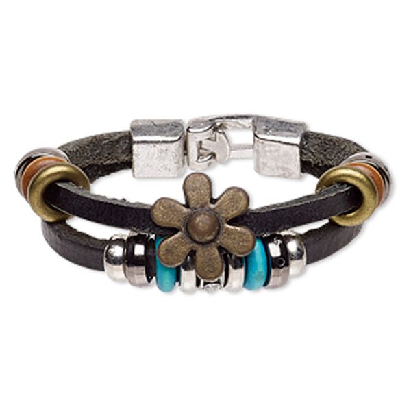 Bracelet, 2-strand, leather / wood (dyed) / glass rhinestone / antique rhodium-coated plastic / antique rhodium-plated "pewter" (zinc-based alloy), multicolored, 25mm wide, 6 inches with hook-and-eye clasp. Sold individually. image number 0