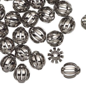 Bead, gunmetal-finished brass, 10x9mm oval with cutouts. Sold per pkg of 50.