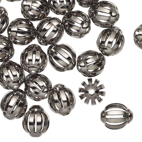 Bead, gunmetal-finished brass, 10x9mm oval with cutouts. Sold per pkg of 50. image number 0