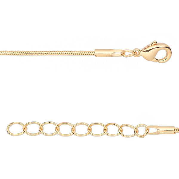 Chain, gold-finished brass, 1mm snake, 18 inches with 1-1/4 inch extender chain and lobster claw clasp. Sold per pkg of 4. image number 0