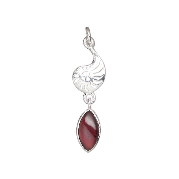 Drop, antiqued sterling silver and garnet (natural), 26x8mm single-sided nautilus. Sold individually. image number 0