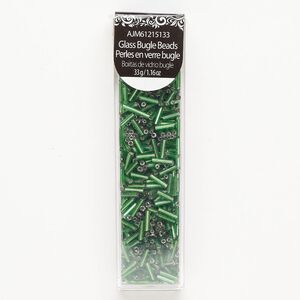 Bugle bead 1pkg1 glass, 7x2mm round tube, 33 gram opaque silver-lined green