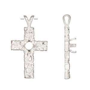 Pendant, Sure-Set™, sterling silver, 30.5x17.5mm cross with 6mm pre-notched 4-prong round setting. Sold individually.