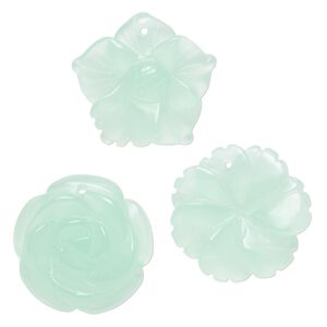 Drop mix, glass, translucent mint green, 29x26mm-30x30mm top-drilled carved flower. Sold per pkg of 3.