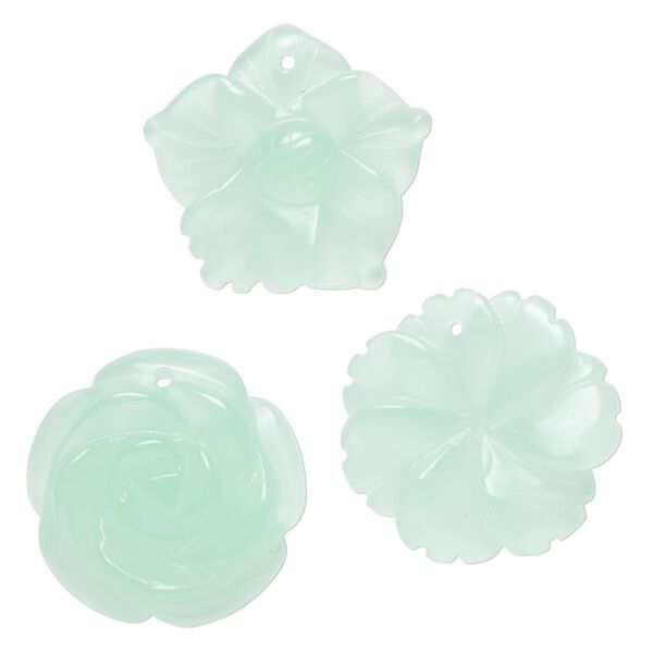 Drop mix, glass, translucent mint green, 29x26mm-30x30mm top-drilled carved flower. Sold per pkg of 3. image number 0