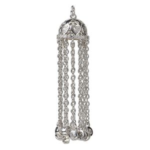 Component, cubic zirconia and imitation rhodium-plated brass, clear, 46x12mm tassel with heart design and 4mm rounds with 1.6mm cable chain. Sold individually.