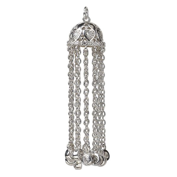 Component, cubic zirconia and imitation rhodium-plated brass, clear, 46x12mm tassel with heart design and 4mm rounds with 1.6mm cable chain. Sold individually. image number 0