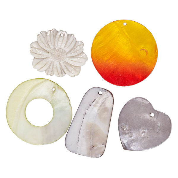 Focal / drop / bead mix, mother-of-pearl shell and blister pearl shell (bleached / dyed), mixed colors, 45x31mm-63x52mm mixed shapes, Mohs hardness 3-1/2. Sold per pkg of 5. image number 0