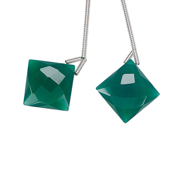 Bead, green onyx (dyed), 16x16mm hand-cut top-drilled faceted puffed diamond, B grade, Mohs hardness 6-1/2 to 7. Sold per pkg of 2 beads. image number 0