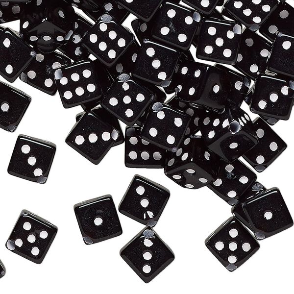 Bead, acrylic, opaque black and white, 6mm diagonally drilled six-sided dice, approximately 8mm stringing length. Sold per pkg of 200. image number 0