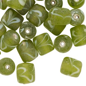 Bead, lampworked glass, translucent yellow-green and white, 11x9mm round tube with swirl design. Sold per 2-ounce pkg, approximately 40 beads.